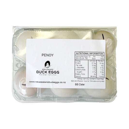 Pack of Penoy New Zealand Duck Eggs with a label on a white background