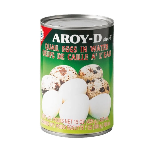 Can of Aroy-D quail eggs on a white background