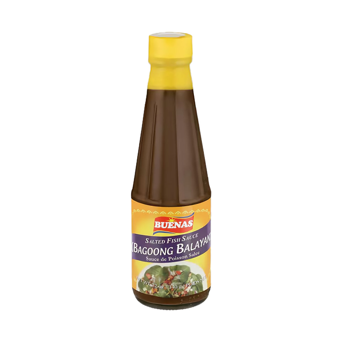 Bottle of Buenas Bagoong Balayan salted fish sauce on a white background
