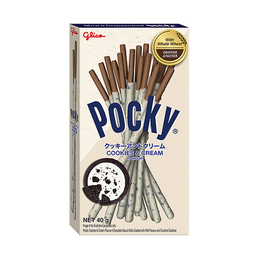 Box of Pocky Cookies & Cream flavor on a white background