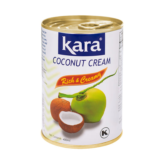 Can of Kara coconut cream with coconut graphics on a white background
