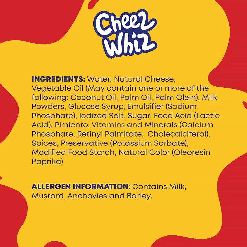 Cheez Whiz Pimiento Spread 210g - ingredients list and allergen info