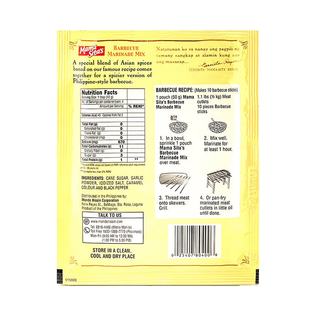 Mama Sita’s Barbecue Marinade Mix 50g - back