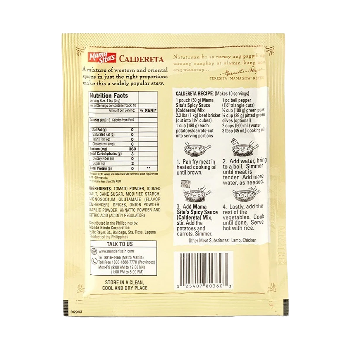 Mama Sita’s Caldereta Spicy Sauce Mix 50g - back