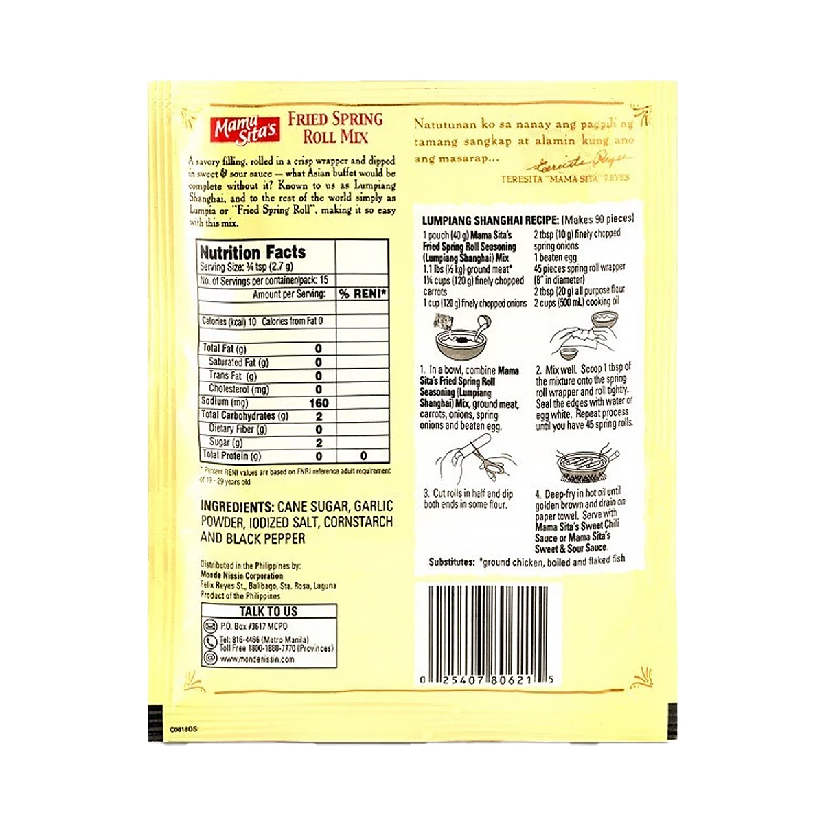 Mama Sita’s Lumpiang Shanghai Fried Spring Roll Seasoning Mix 40g - back