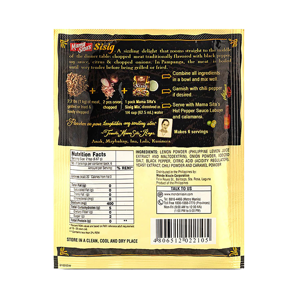 Mama Sita’s Sisig Citrus-Pepper Spice Mix 40g - back