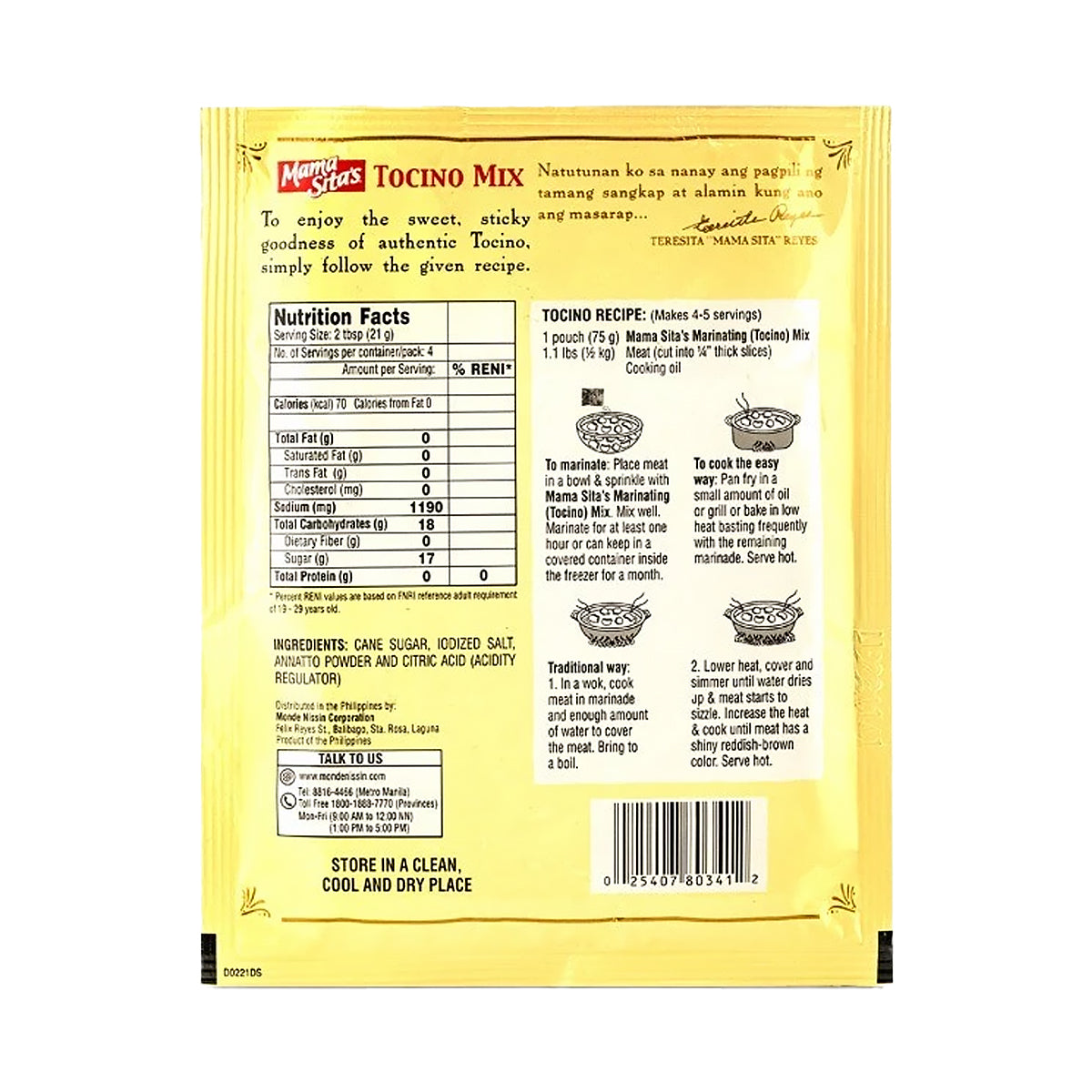 Mama Sita’s Tocino Marinating Mix 75g - back