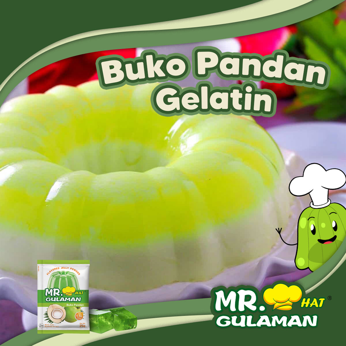 Mr. Hat Gulaman Buko Pandan Flavour Jelly Powder 25g - buko pandan gelatin