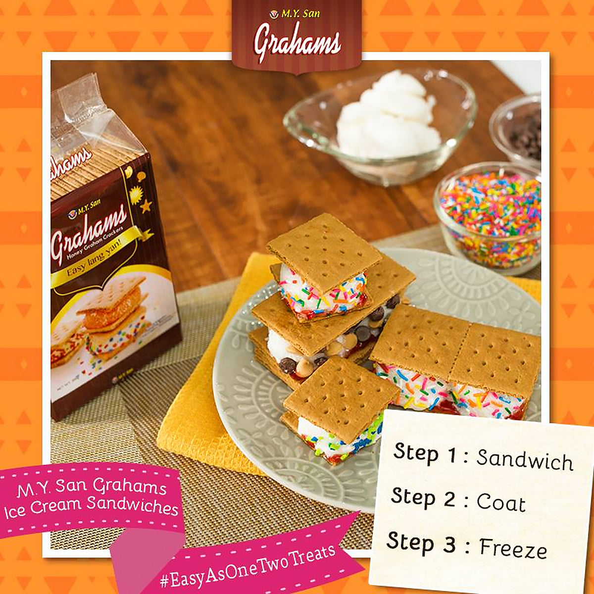M.Y. San Grahams ice cream sandwiches with a box and ingredients on a table.