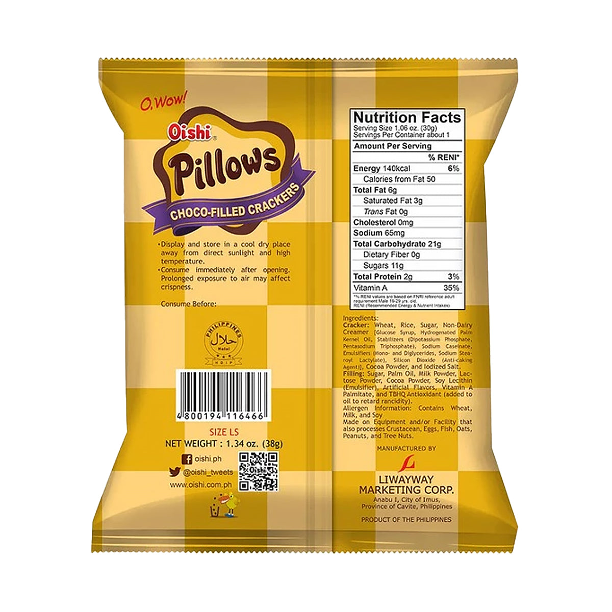 Oishi Pillows Chocolate-Filled Crackers 38g - back