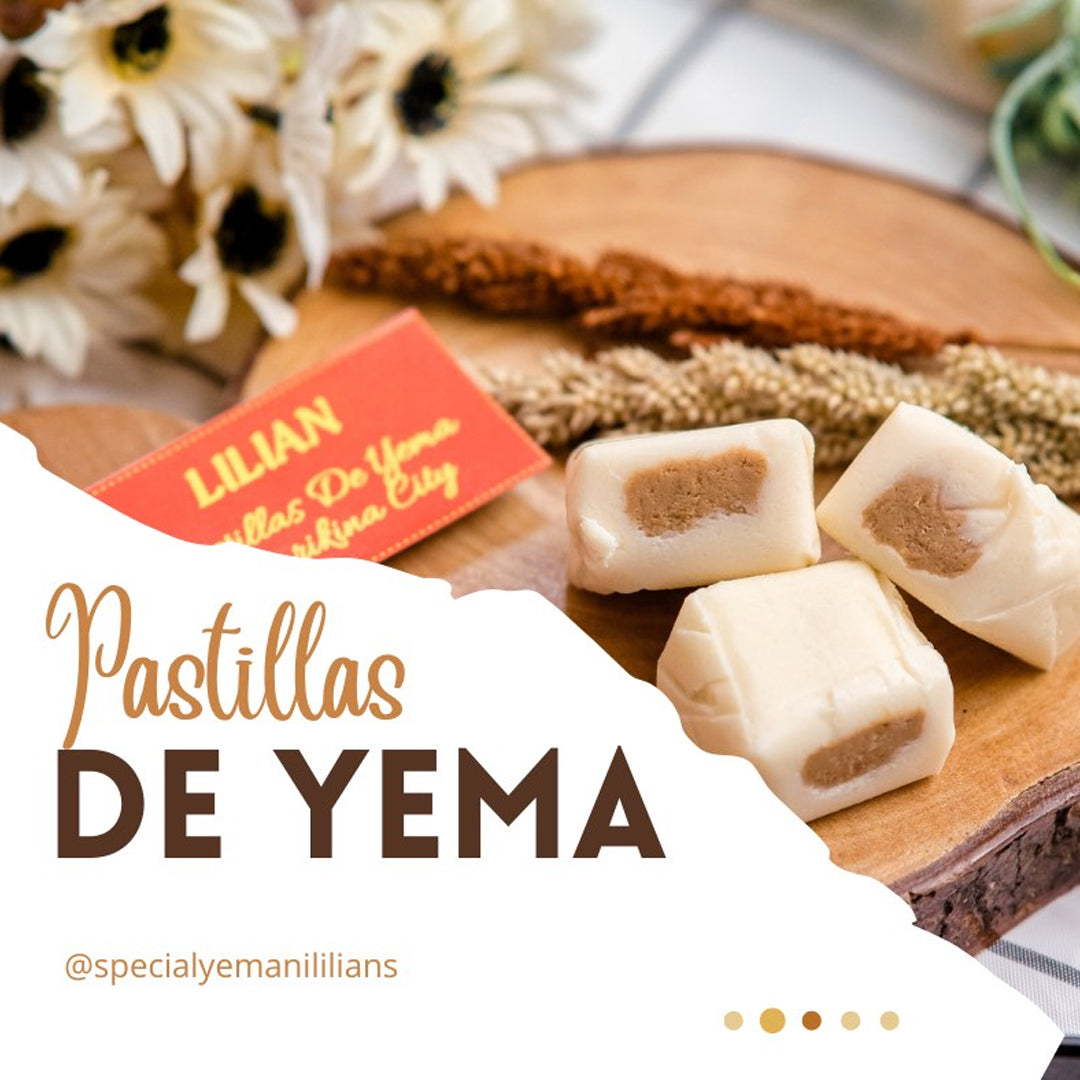 Pastillas de Yema on a wooden board with a LILIAN card in the background