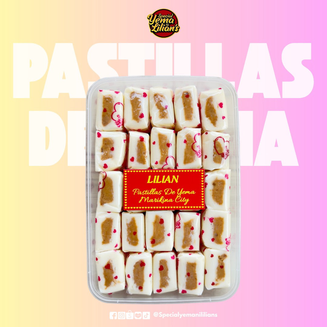 Packaged Lilian’s Pastillas De Yema (20 pcs) with a colorful gradient background and 'Lilian' branding.