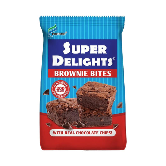 Super Delights Brownie Bites packaging with blue and red design