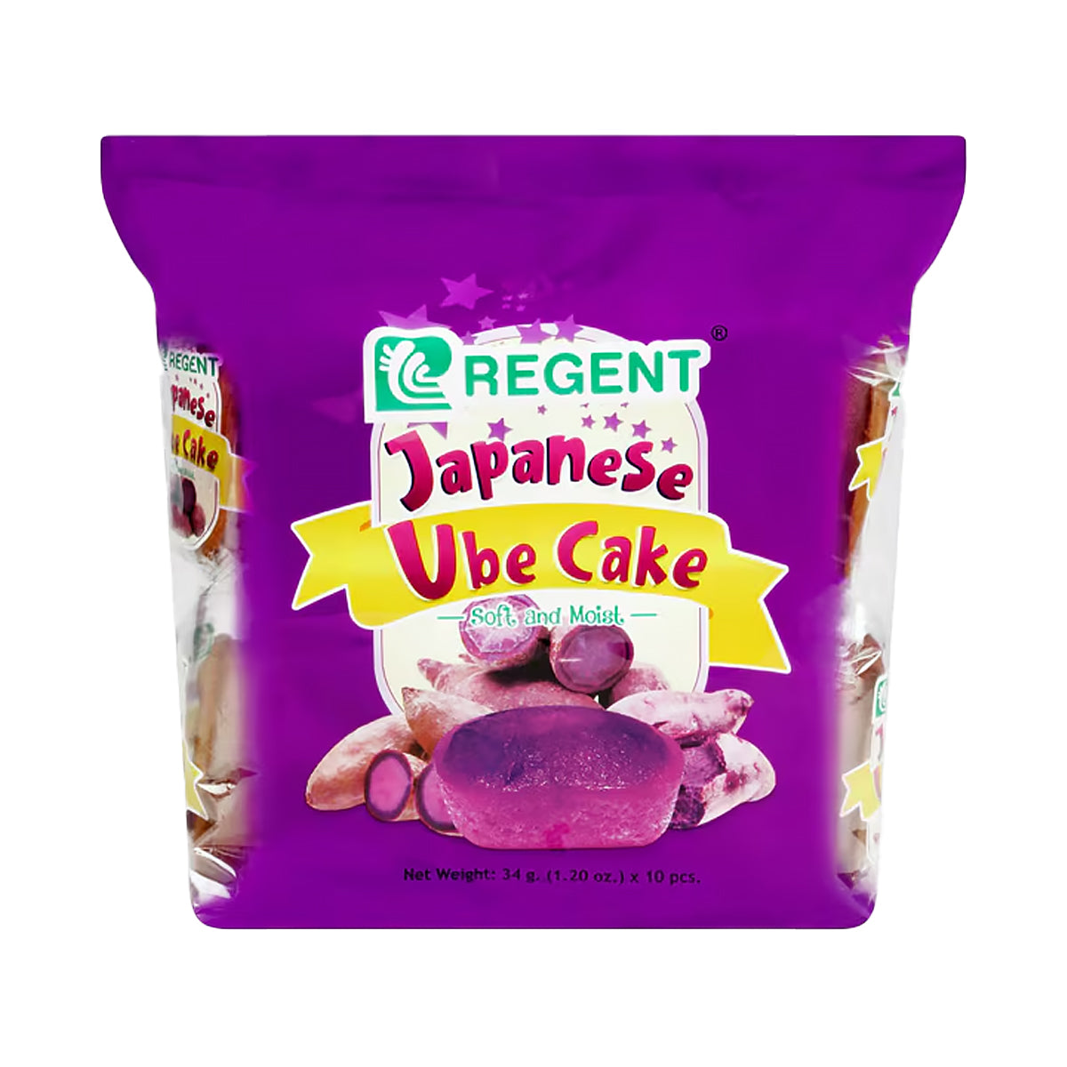 Purple package of Regent Japanese Ube Cake with colorful text and graphics.
