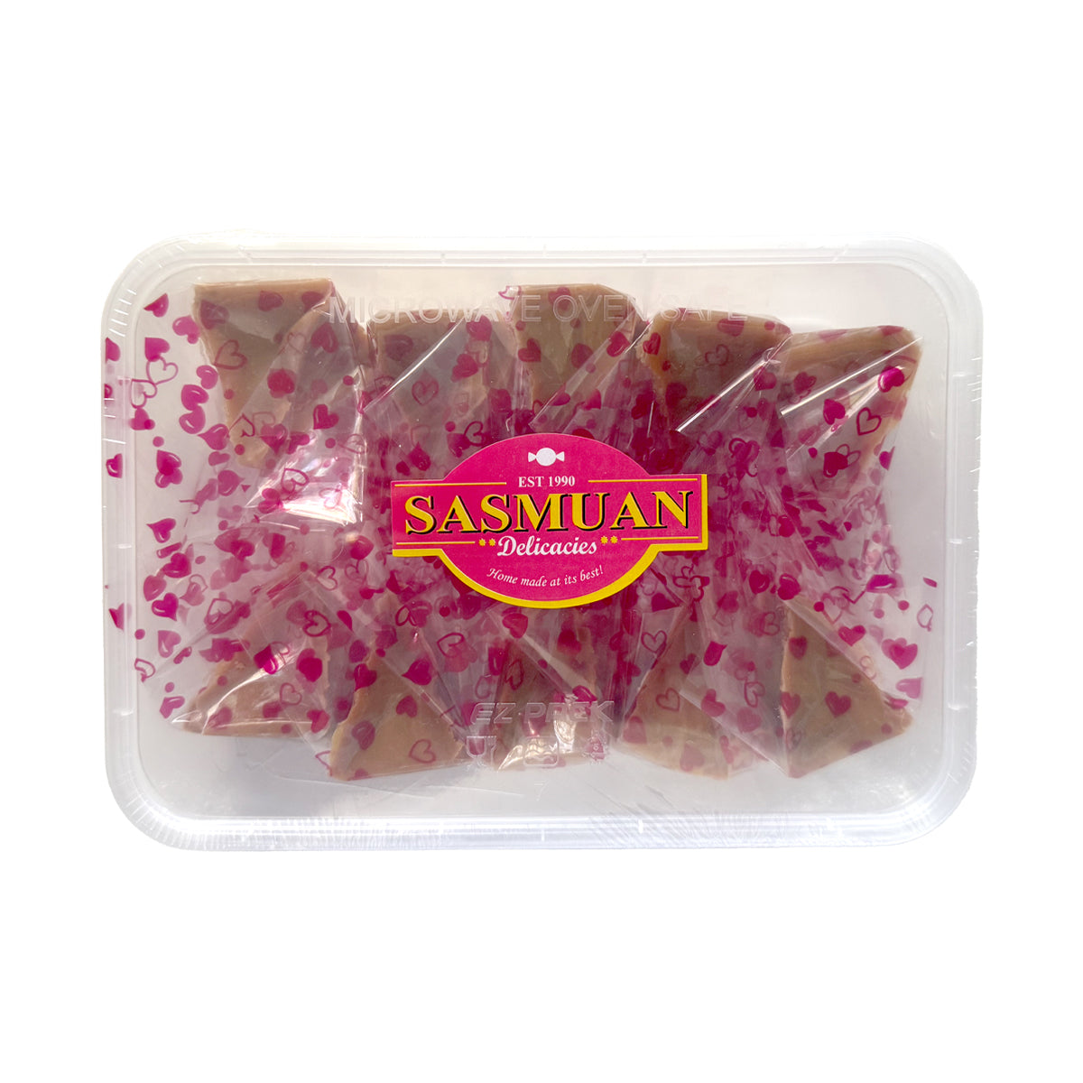 Packaged yema dessert with pink heart pattern and Sasmuan logo on a white background