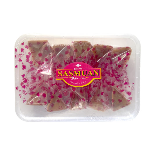 Packaged yema dessert with pink heart pattern and Sasmuan logo on a white background