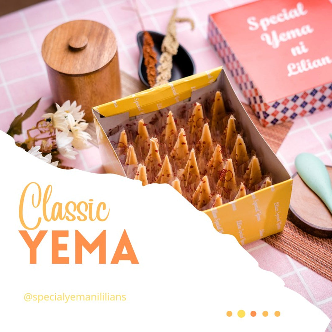 Box of Lilian’s Special Yema (25 pcs) with decorative items on a pink checkered tablecloth