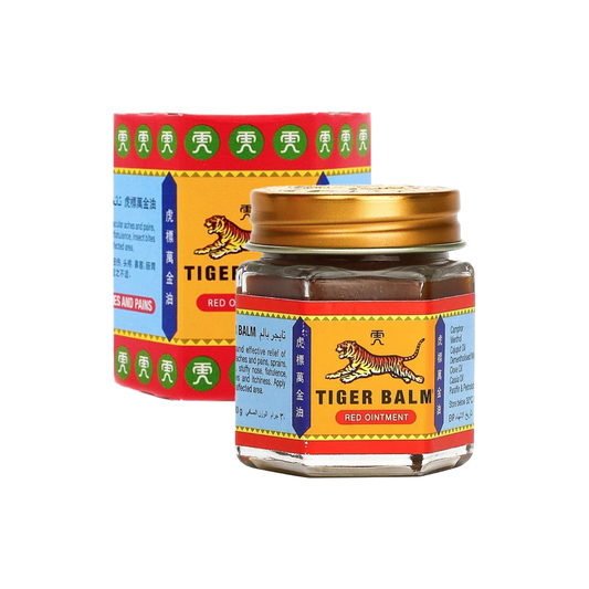 Jar of Tiger Balm with its packaging on a white background