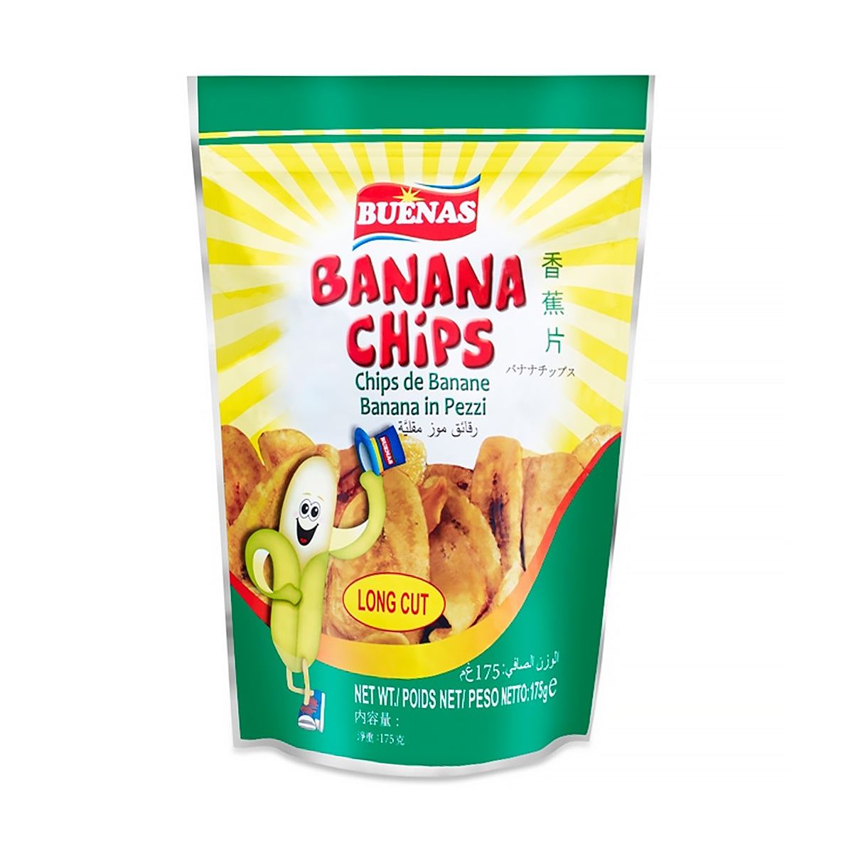 Packaging of Buenas Banana Chips with a cartoon banana character on a white background