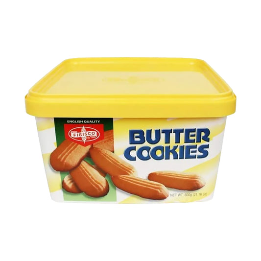 Container of FIBISCO Butter Cookies with yellow lid and packaging design.
