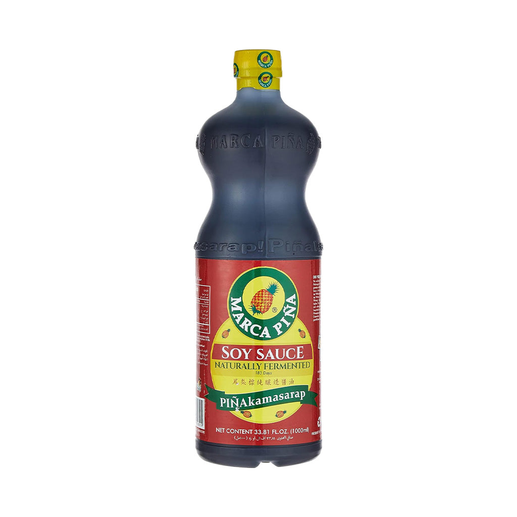 Bottle of Marca Pina soy sauce on a white background