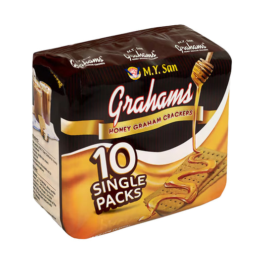 Packaging of M.Y. San Grahams Honey Graham Crackers with a brown and yellow design.