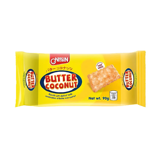 Nissin Butter Coconut biscuit package on a white background
