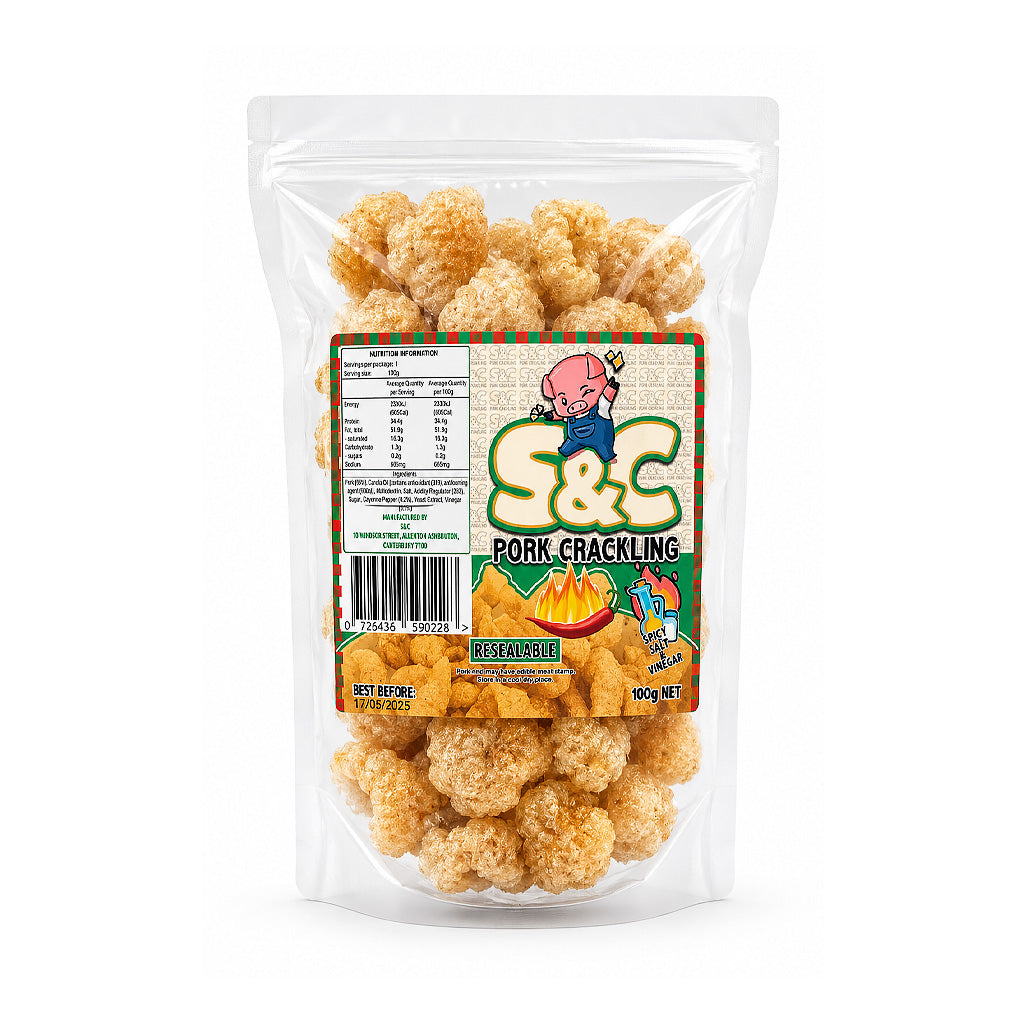 S&C Pork Crackling Spicy Salt & Vinegar 100g