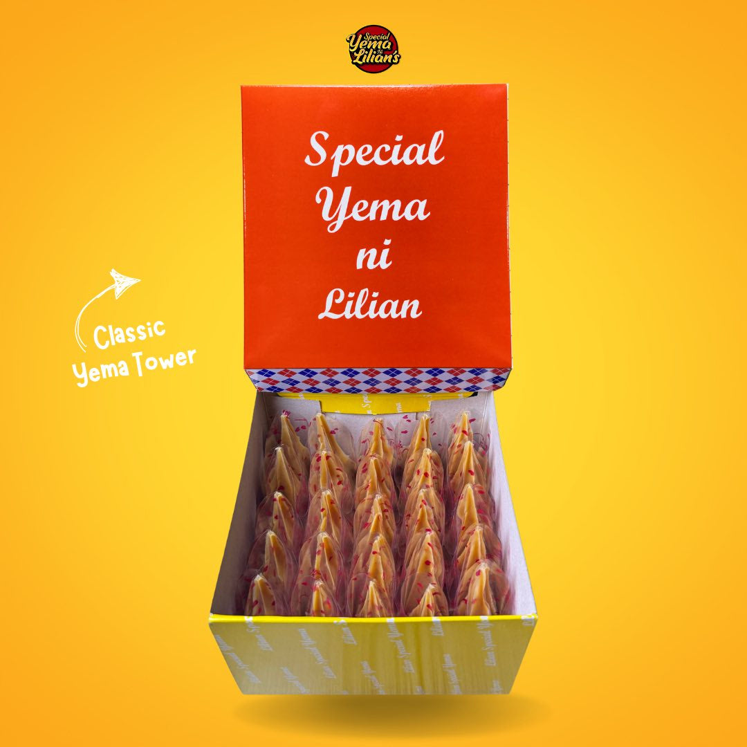 Box of Special Yema ni Lilian with Yema Tower on a yellow background