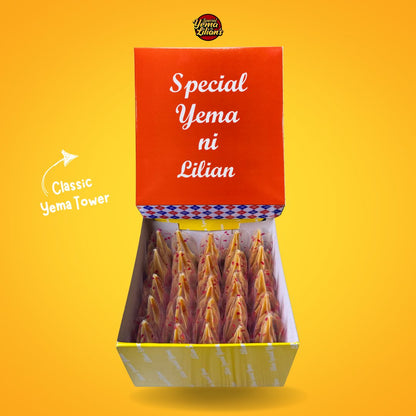 Box of Special Yema ni Lilian with Yema Tower on a yellow background