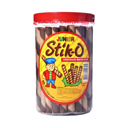 Jar of Junior Stik-O chocolate wafers with a red lid on a white background