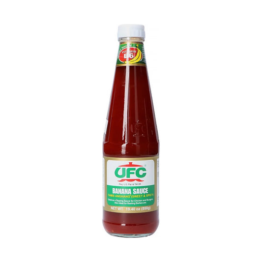 Bottle of UFC banana sauce on a white background